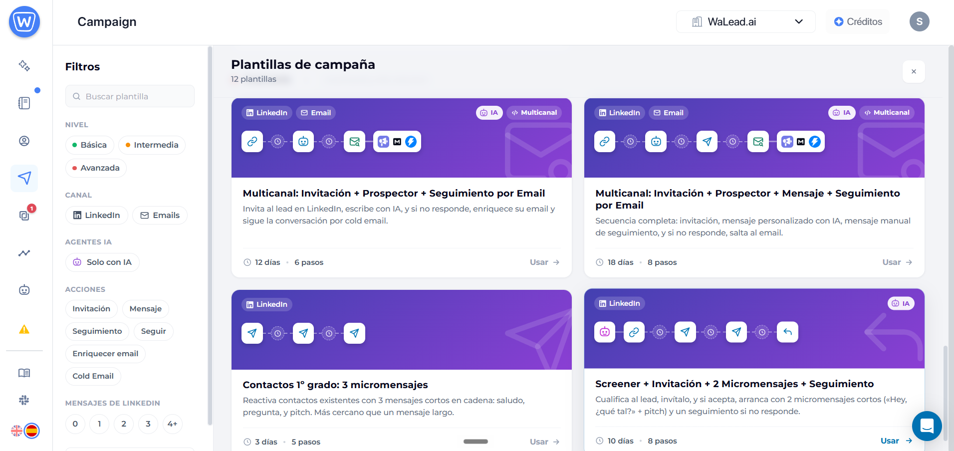 Plantillas de campaña de WaLead: 12 secuencias listas para usar, filtrables por nivel, canal y agentes de IA